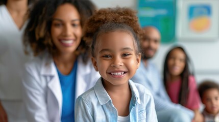 Fototapeta premium Close up photo of a cheerful smiling little elementary school child with family in pediatric clinic