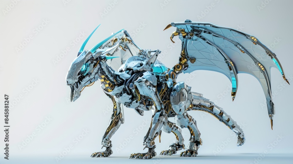 Wall mural isolated dragon robot with mechanical structure over plain background.