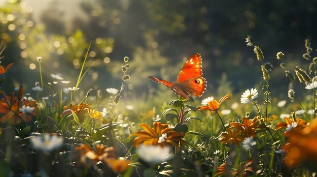 The concept of serendipity illustrated by a chance encounter between a butterfly and a flower in a sunlit meadow