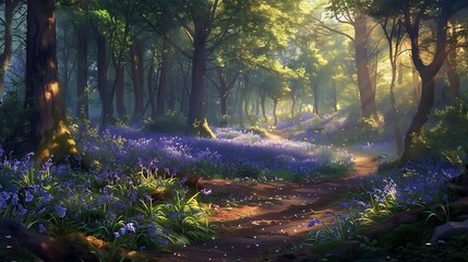A tranquil forest glade carpeted with a carpet of vibrant bluebells, their delicate blooms nodding in the dappled sunlight.