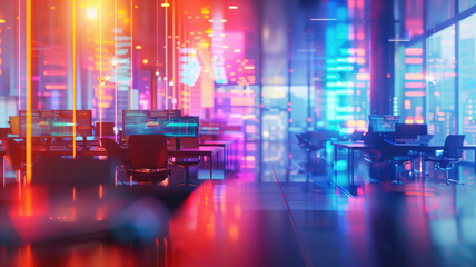 Modern neon cyberpunk open space office interior blurred with information technology overlay. Corporate strategy for finance, operations, marketing