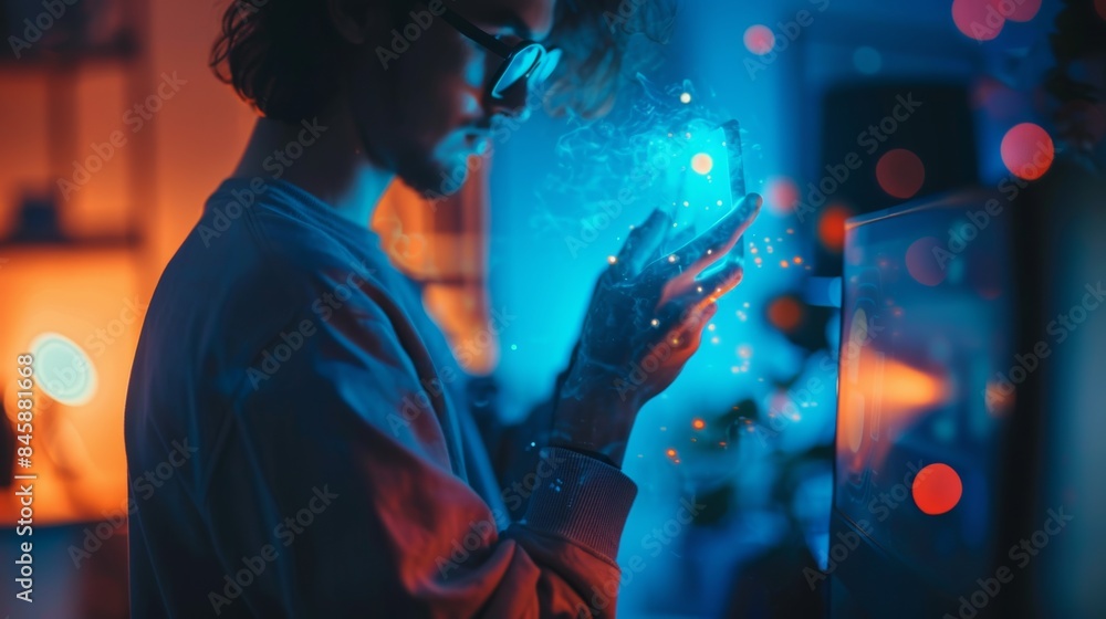 Poster a man with glasses holding a glowing object in his hand, ai