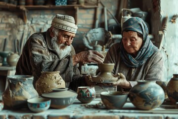Portrait of a senior Asian couple doing activities together in the pottery workshop.