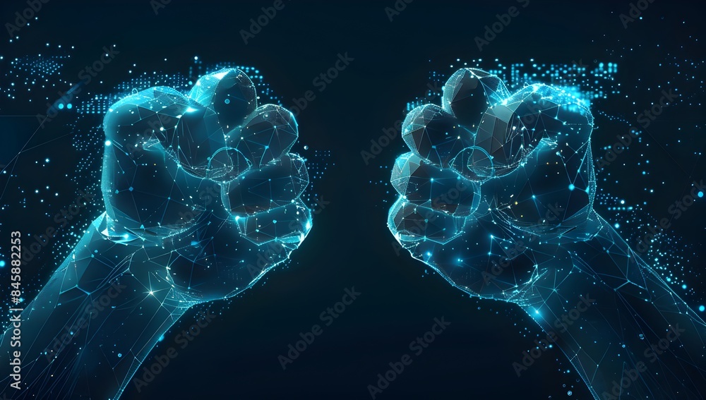 Poster two glowing blue fists made of digital data particles, symbolizing the power and strength in ai tech