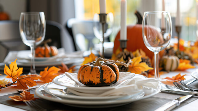 Modern table setting for fall holidays, thanksgiving, Halloween, wedding with pumpkins and autumn leaves