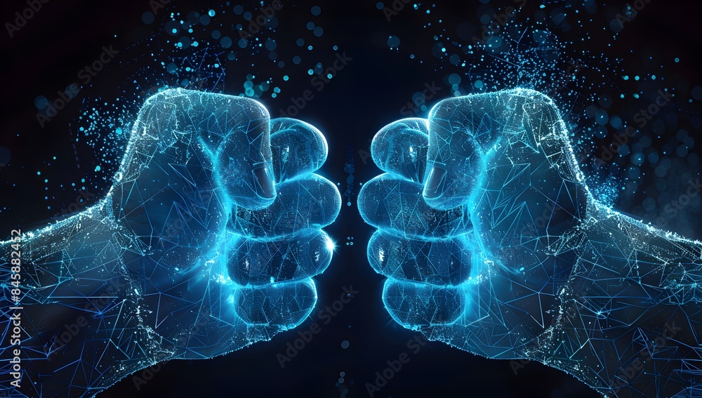 Poster two glowing blue fists made of digital data particles, symbolizing the power and strength in ai tech