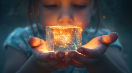A young girl holding a glowing cube in her hands, AI