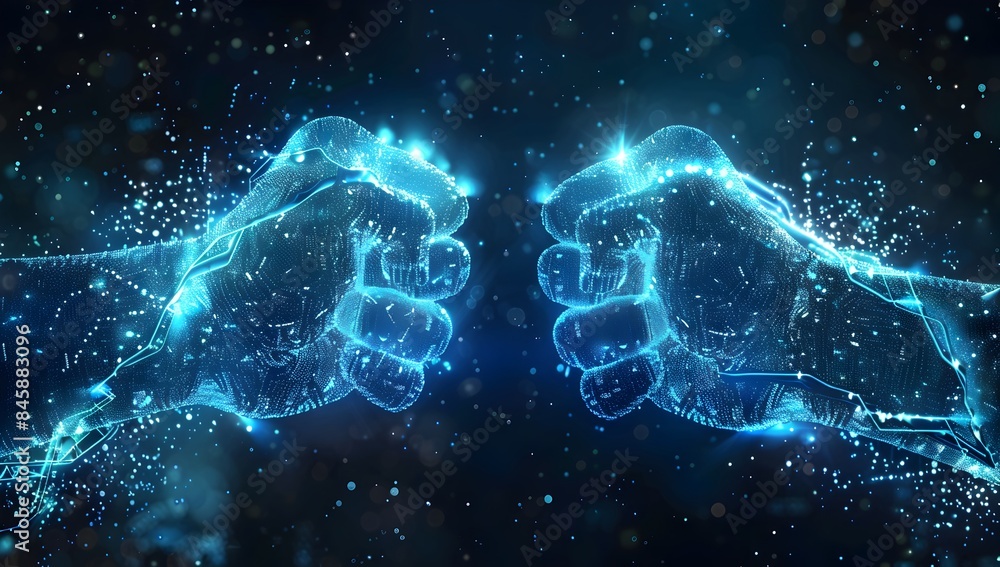 Poster two glowing blue fists made of digital data particles, symbolizing the power and strength in ai tech