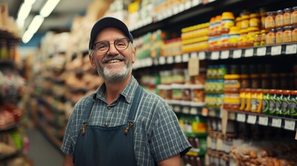 Portrait of smiling friendly employee worker in a grocery store.