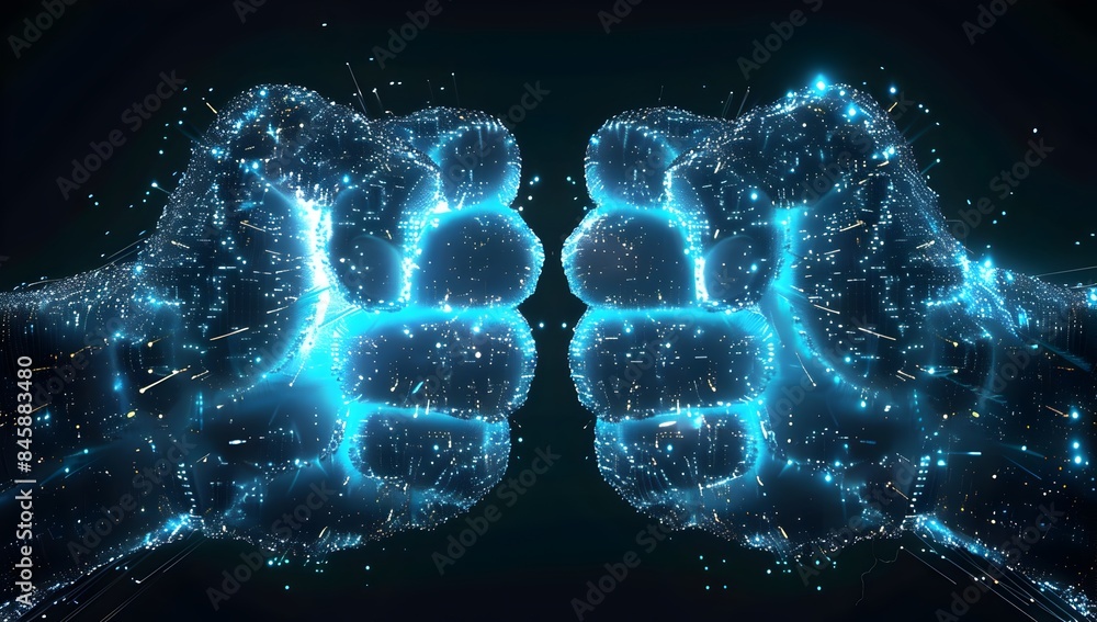 Poster two glowing blue fists made of digital data particles, symbolizing the power and strength in ai tech