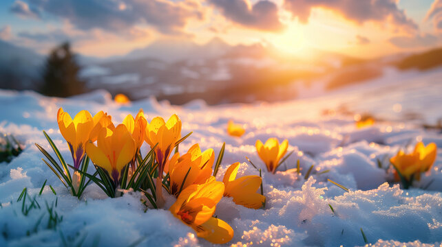 Nature lighting of spring landscape with first yellow crocuses flowers on snow in the sunshine and beautiful sky. Life or nature botanical concept.