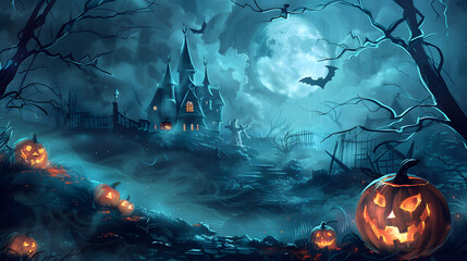 Beautiful festive background for Halloween with pumpkins and fog. AI Generated