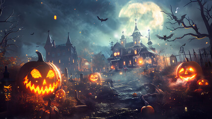 Beautiful festive background for Halloween with pumpkins and fog. AI Generated