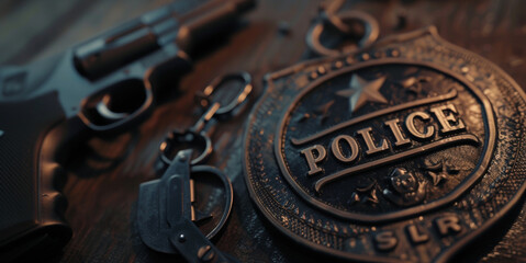 Police badge symbol close-up view with gun on table