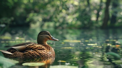 Obraz premium Duck with brown feathers alone at the park lake during summer
