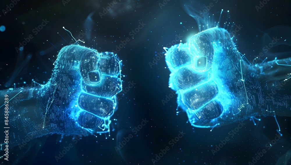 Poster two glowing blue fists made of digital data particles, symbolizing the power and strength in ai tech