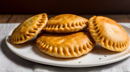 A close-up shot of five golden-brown empanadas or pies neatly arranged on a black plate