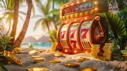 Colorful Slot Machine with Winning Sevens on Tropical Beach, Casino and Gambling Concept
