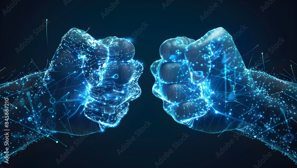 Poster two glowing blue fists made of digital data particles, symbolizing the power and strength in ai tech