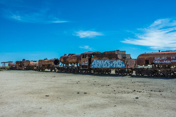 Uyuni, Bolivia -March-31-2024: view of the  famous Cementerio de Trenes (Train Cementery)