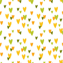 Hearts seamless pattern. Cute Hand-drawn nursery cartoon doodle. Childish illustration, simple naive style. Yellow and green shapes on a white background.