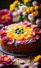 cake with yellow and pink flowers