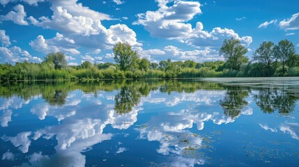 Fototapeta premium Reflection of clouds and trees in calm waters