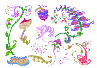 Fantasy, alien hypnotic flowers, decorative flowers and leaves. Cartoon style. Millefleurs trendy floral design. Clip art, set of elements for design Outline hand drawing vector illustration.
