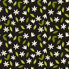 Seamless floral pattern, liberty ditsy print with pretty sketch botany. Botanical illustration: small hand drawn white flowers, tiny leaves on a dark background. White lemons flowers and leaves