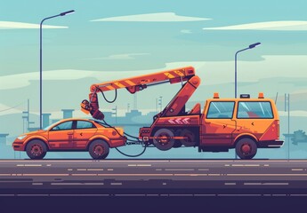 Fototapeta premium A tow truck carries a broken-down car on the highway, representing car service transportation and roadside rescue.