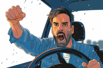 Illustration features an enraged man gesturing angrily while driving in a car