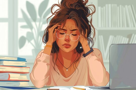 Evocative image of a young woman feeling the strain of studying with computer and books