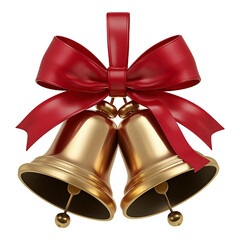 A red ribbon is tied around two golden bells