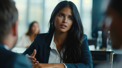 Portrait of a young Filipino female executive talking to clients during a meeting at a tech company.