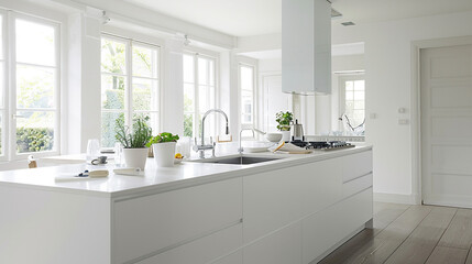 Fototapeta premium contemporary white kitchen, house interior design, rendition, model - Generative AI