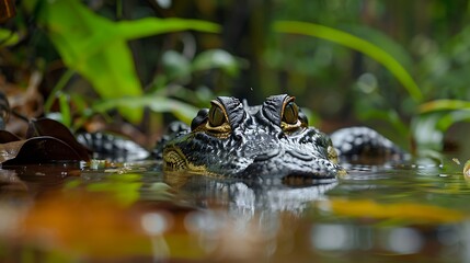 Fototapeta premium Caiman looking at camera alligator family animal living in the swamps and marshes of uvita