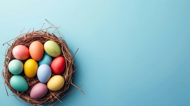 Top view of a full basket of colorful Easter Eggs over blue background
