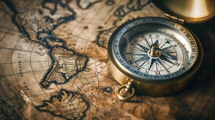 Old compass on vintage map. Retro stale. Making a decision, choosing a direction