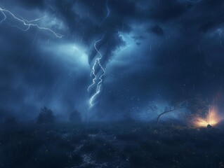 Dramatic and powerful tornado. Lightning thunderstorm flash over the night sky. Concept on topic weather, cataclysms (hurricane, Typhoon, tornado, storm). Stormy Landscap