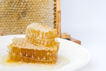 honey and honeycombs on a white plate