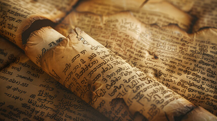 Old manuscript parchment Hebrew text ancient biblical scroll prophets Generative AI Illustration