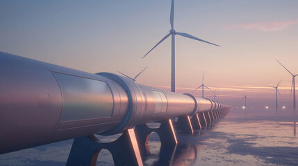 Futuristic hydrogen pipeline with wind turbines