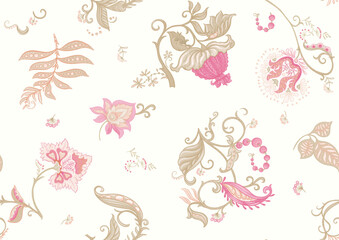 Fantasy flowers in retro, vintage, jacobean embroidery style. Seamless pattern, background. Vector illustration.