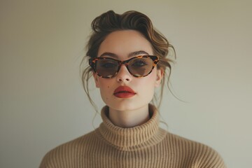 Fashionable woman with tortoiseshell cat-eye sunglasses, beige background, stylish portrait, modern eyewear, chic look, ideal for fashion editorials or advertisements, portrait of a woman with glasses