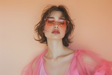 Elegant woman with cat-eye sunglasses, orange background, stylish portrait, modern eyewear, chic look, ideal for fashion editorials or advertisements
