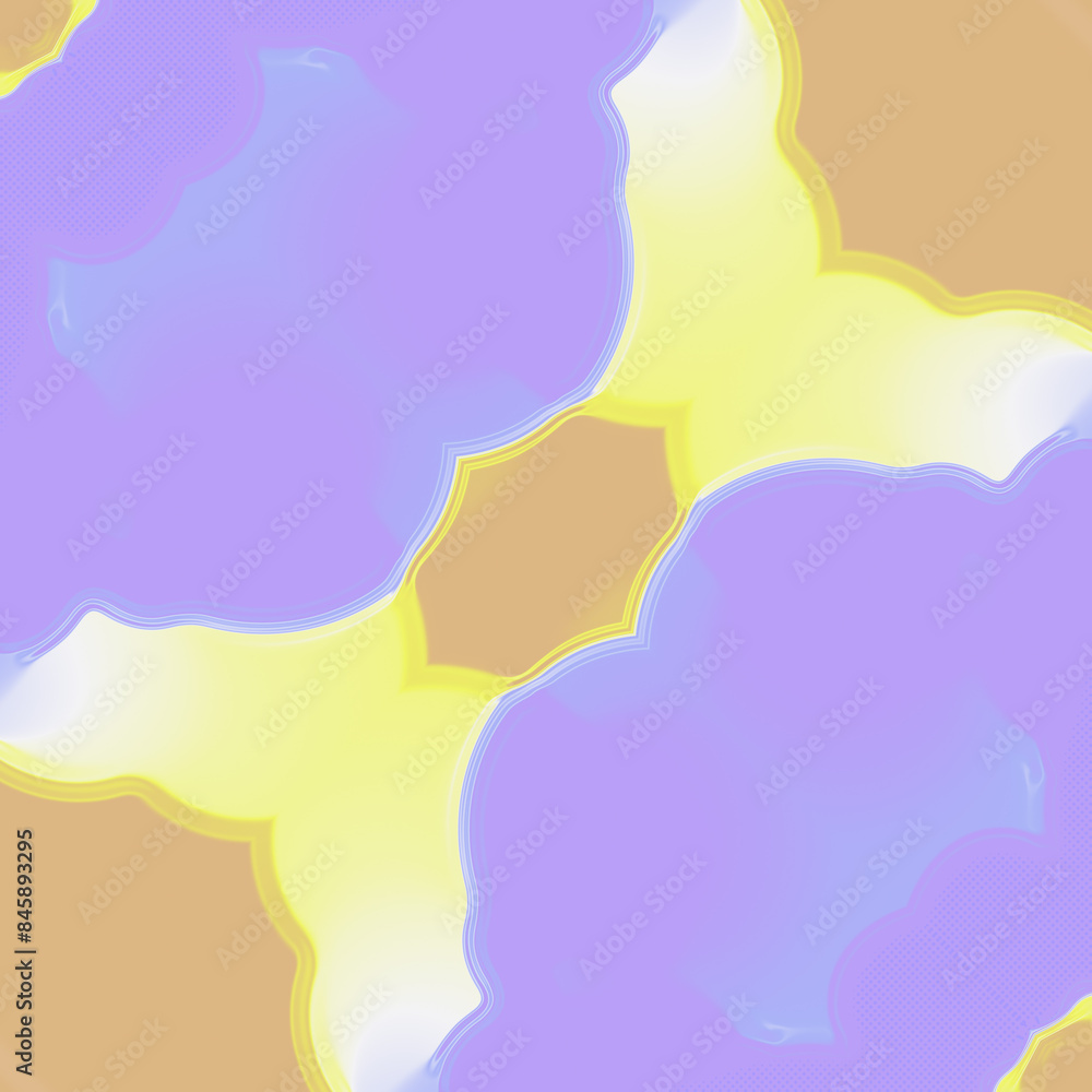 Poster illustration consisting of symmetrical organic shapes and wavy lines in yellow and purple shades. 3d