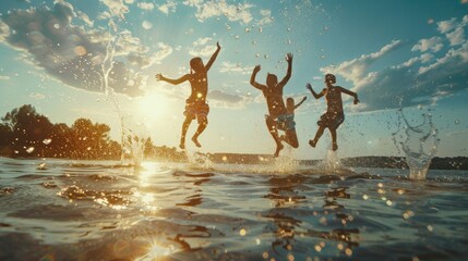 People having summer fun jumping playing in water outdoor