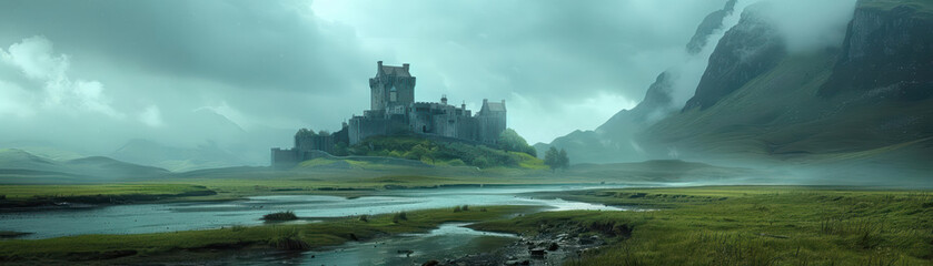 Historical backgrounds featuring medieval castles and landscapes, ideal for ad visuals, focus on heritage, ethereal, composite, historic battlefield backdrop