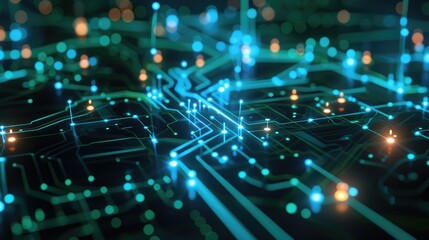 Obraz premium Blue and green cybersecurity network with glowing digital nodes. Cybersecurity map
