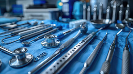 Fototapeta premium A close-up of medical equipment and tools, neatly arranged on a sterile surface
